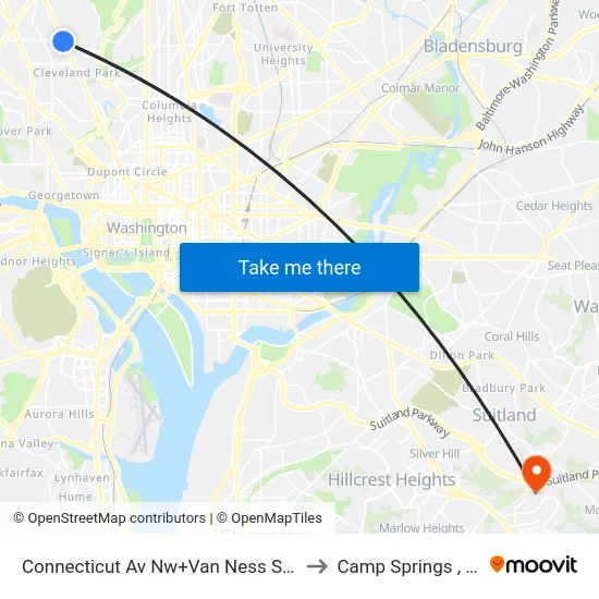 Connecticut Av Nw+Van Ness St NW to Camp Springs , MD map