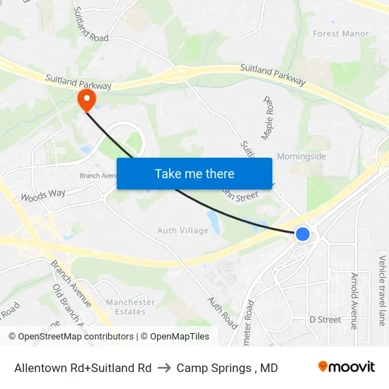 Allentown Rd+Suitland Rd to Camp Springs , MD map