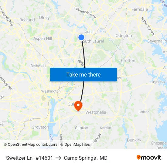 Sweitzer Ln+#14601 to Camp Springs , MD map