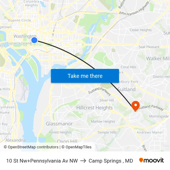 10 St Nw+Pennsylvania Av NW to Camp Springs , MD map