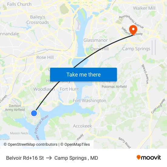 Belvoir Rd+16 St to Camp Springs , MD map