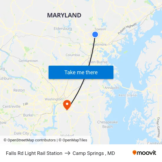Falls Rd Light Rail Station to Camp Springs , MD map