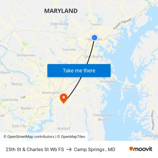 25th St & Charles St Wb FS to Camp Springs , MD map
