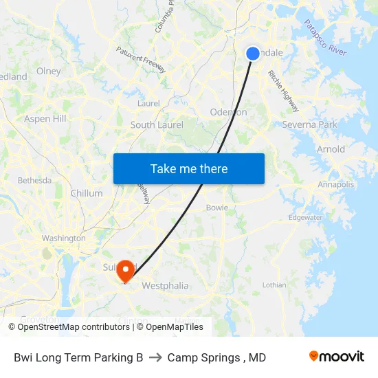 Bwi Long Term Parking B to Camp Springs , MD map