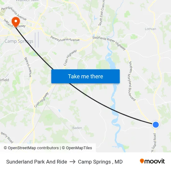 Sunderland Park And Ride to Camp Springs , MD map