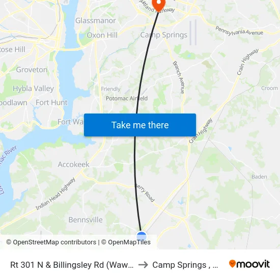 Rt 301 N & Billingsley Rd (Wawa) to Camp Springs , MD map