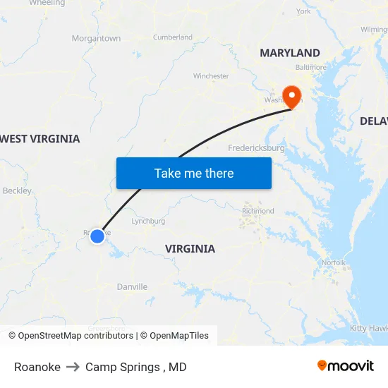 Roanoke to Camp Springs , MD map
