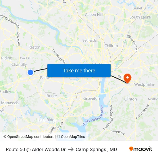 Route 50 @ Alder Woods Dr to Camp Springs , MD map