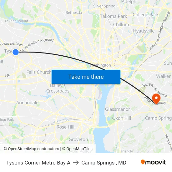 Tysons Corner Metro Bay A to Camp Springs , MD map