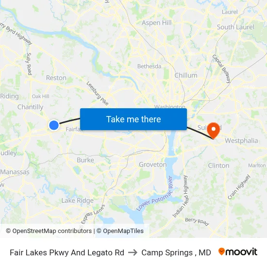 Fair Lakes Pkwy And Legato Rd to Camp Springs , MD map