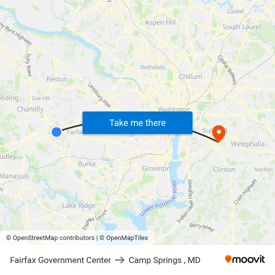 Fairfax Government Center to Camp Springs , MD map