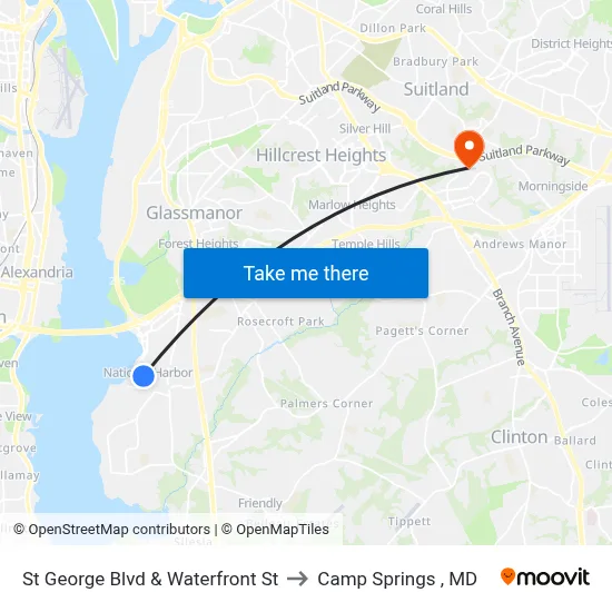 St George Blvd & Waterfront St to Camp Springs , MD map
