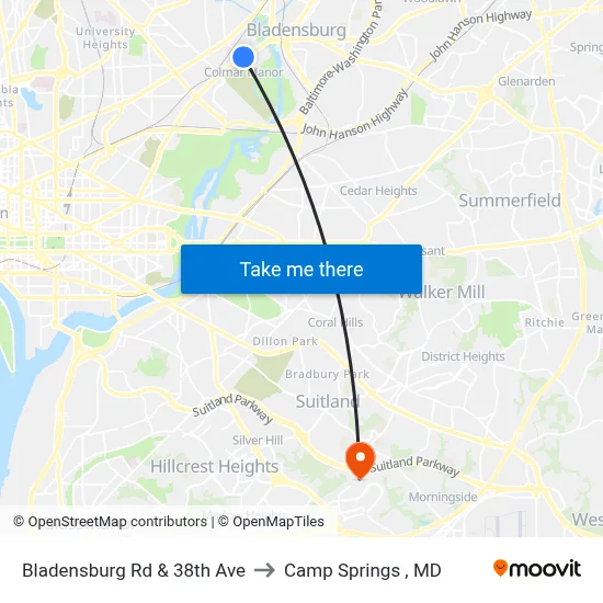 Bladensburg Rd & 38th Ave to Camp Springs , MD map