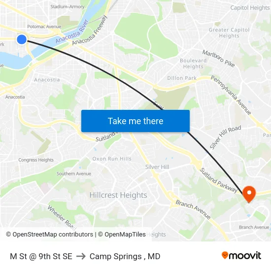 M St @ 9th St SE to Camp Springs , MD map