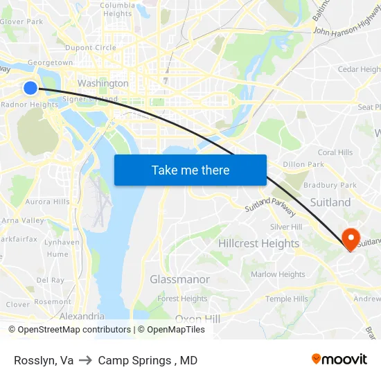 Rosslyn, Va to Camp Springs , MD map