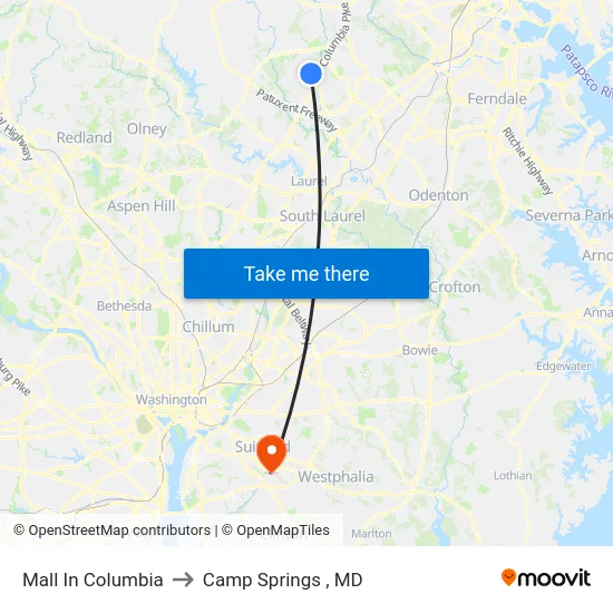 Mall In Columbia to Camp Springs , MD map