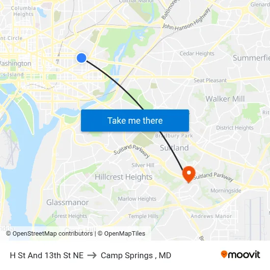 H St And 13th St NE to Camp Springs , MD map
