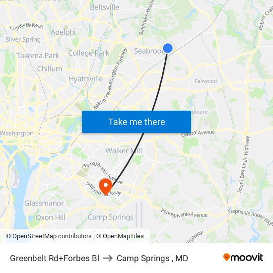 Greenbelt Rd+Forbes Bl to Camp Springs , MD map
