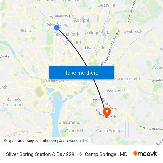 Silver Spring Station & Bay 229 to Camp Springs , MD map
