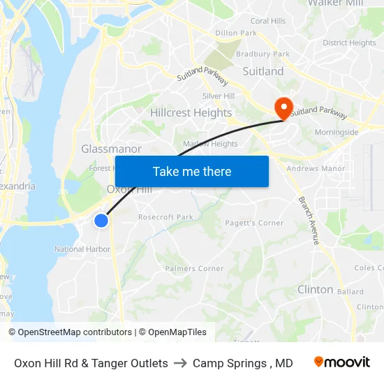 Oxon Hill Rd & Tanger Outlets to Camp Springs , MD map