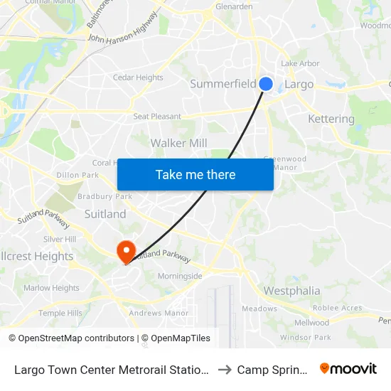Largo Town Center Metrorail Station at Bus Bay F to Camp Springs , MD map