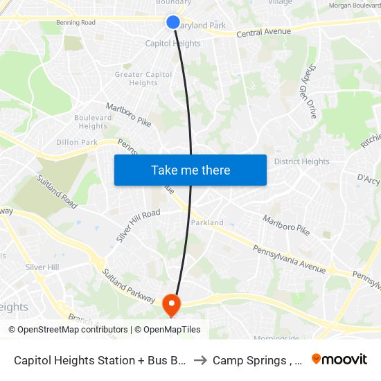 Capitol Heights Station + Bus Bay B to Camp Springs , MD map