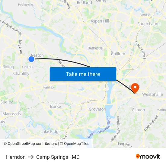 Herndon to Camp Springs , MD map