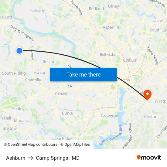 Ashburn to Camp Springs , MD map