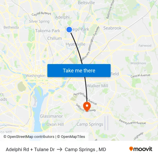 Adelphi Rd + Tulane Dr to Camp Springs , MD map