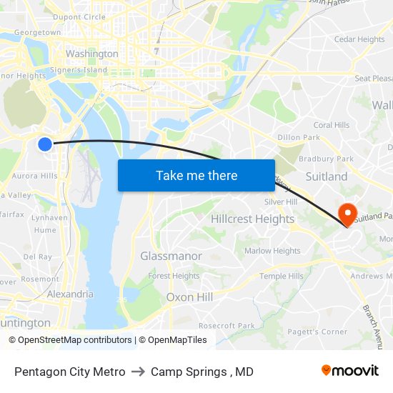 Pentagon City Metro to Camp Springs , MD map