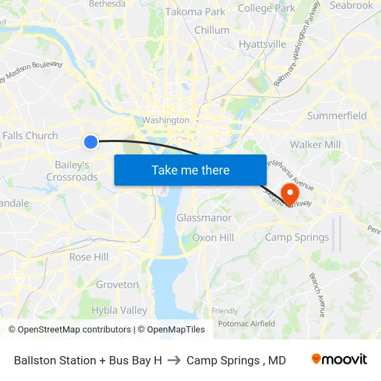 Ballston Station + Bus Bay H to Camp Springs , MD map