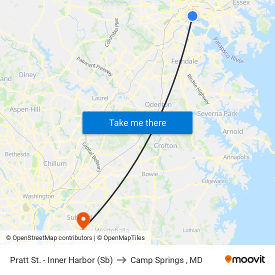 Pratt St. - Inner Harbor (Sb) to Camp Springs , MD map