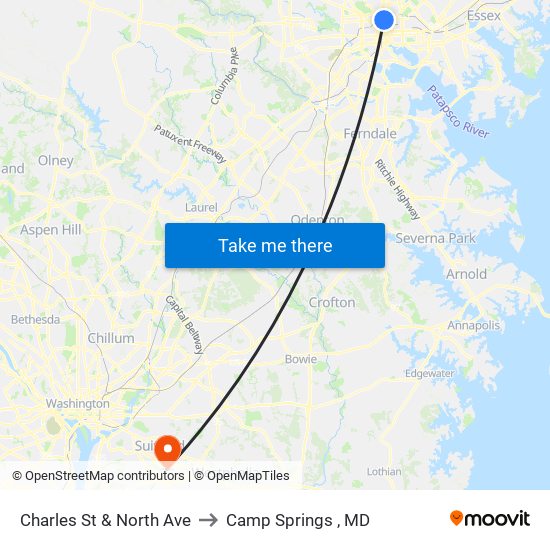 Charles St & North Ave to Camp Springs , MD map