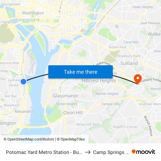 Potomac Yard Metro Station - Bus Bay A to Camp Springs , MD map