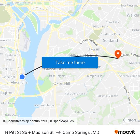N Pitt St Sb + Madison St to Camp Springs , MD map
