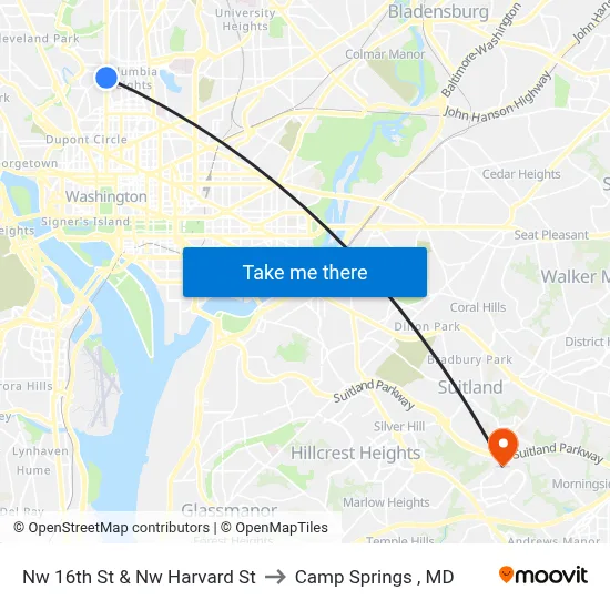 Nw 16th St & Nw Harvard St to Camp Springs , MD map