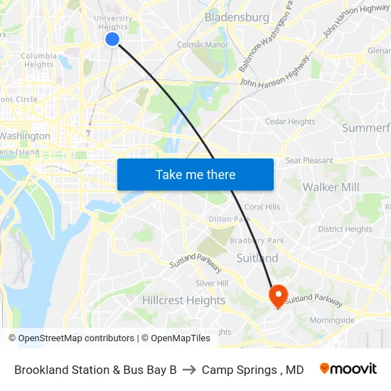 Brookland Station & Bus Bay B to Camp Springs , MD map
