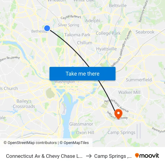 Connecticut Av & Chevy Chase Lake Dr to Camp Springs , MD map