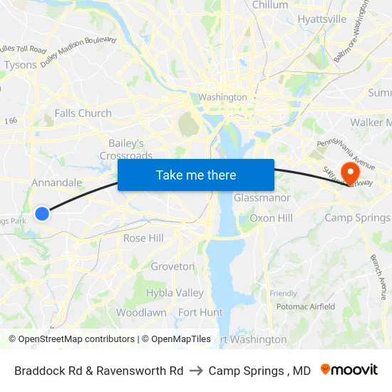 Braddock Rd & Ravensworth Rd to Camp Springs , MD map