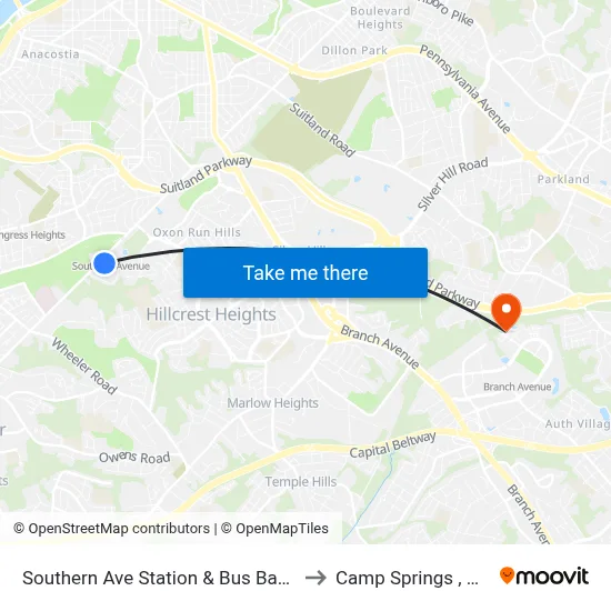 Southern Ave Station & Bus Bay Q to Camp Springs , MD map