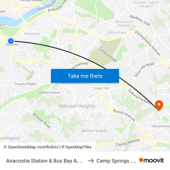 Anacostia Station & Bus Bay A, B, C, D to Camp Springs , MD map