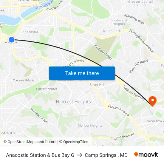 Anacostia Station & Bus Bay G to Camp Springs , MD map