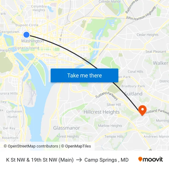K St NW & 19th St NW (Main) to Camp Springs , MD map