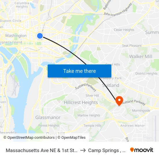 Massachusetts Ave NE & 1st St NE to Camp Springs , MD map