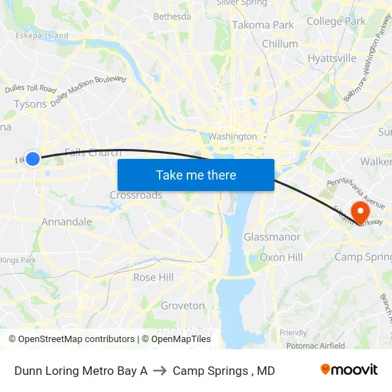 Dunn Loring Metro Bay A to Camp Springs , MD map