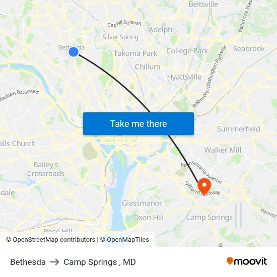 Bethesda to Camp Springs , MD map