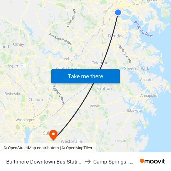 Baltimore Downtown Bus Station to Camp Springs , MD map