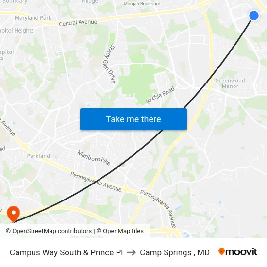 Campus Way South & Prince Pl to Camp Springs , MD map