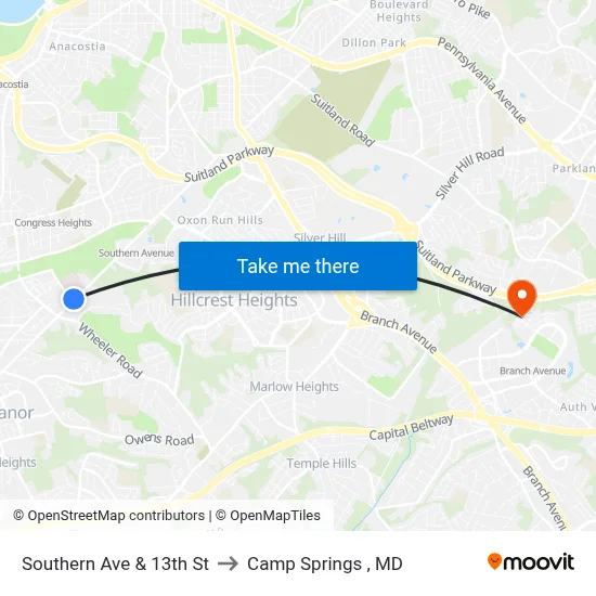 Southern Ave & 13th St to Camp Springs , MD map