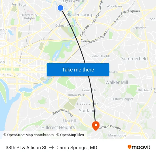 38th St & Allison St to Camp Springs , MD map